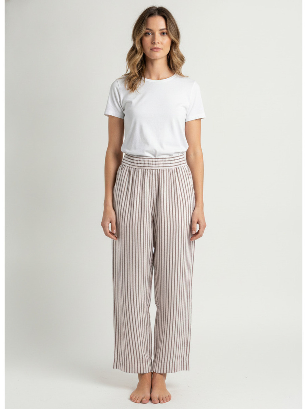 Sigrid Olsen Women's Striped Linen Pull-On Pants Maroon White Wide Leg Sz S